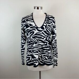 Dana Buchman Black White Zebra Animal Print Long Sleeve Blouse Top Women Medium